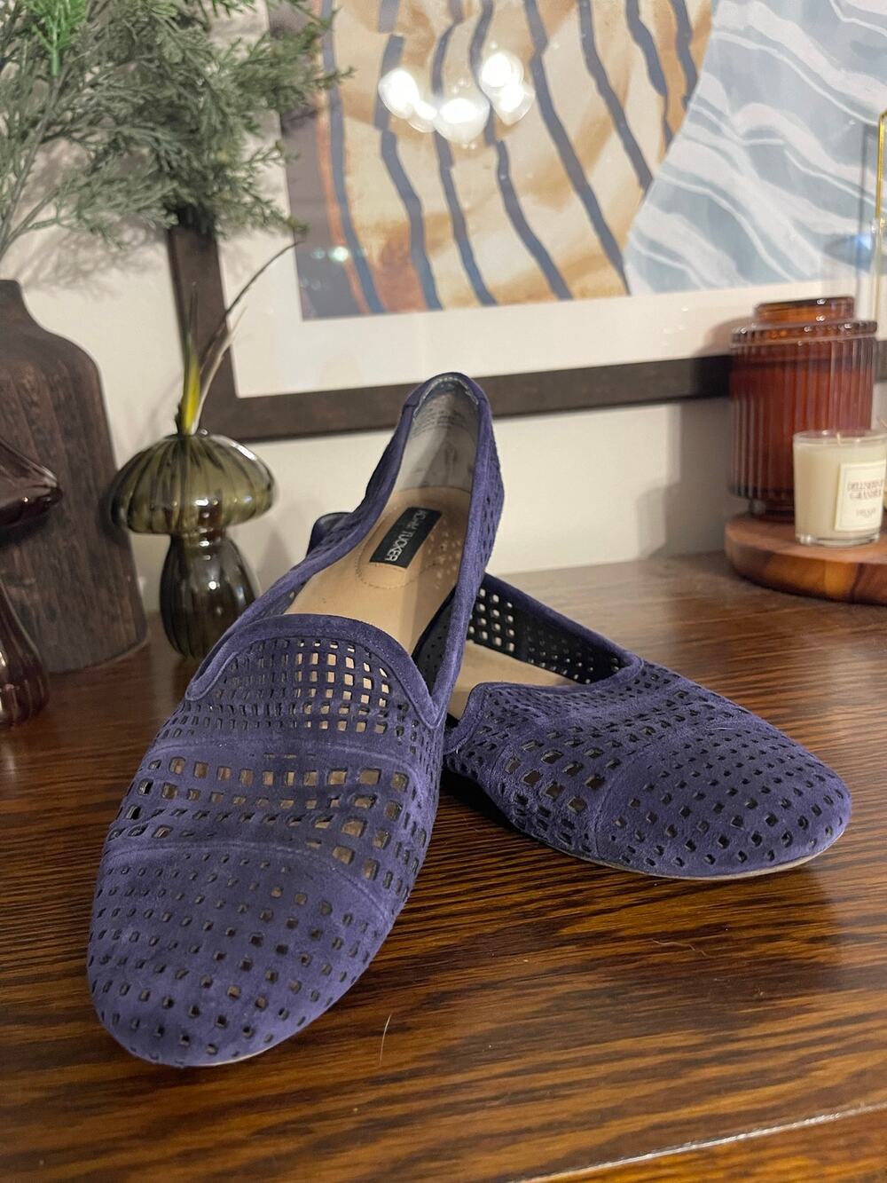 Adam Tucker by Me Too “Harvard” Navy Suede Perforated Loafer Flats, Size 9M.